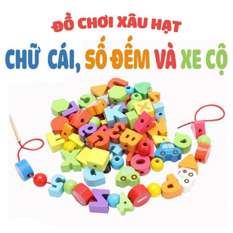 Đồ chơi xâu hạt gỗ chữ cái, số và phương tiện giao thông- Đồ chơi phát triển kỹ năng cho bé