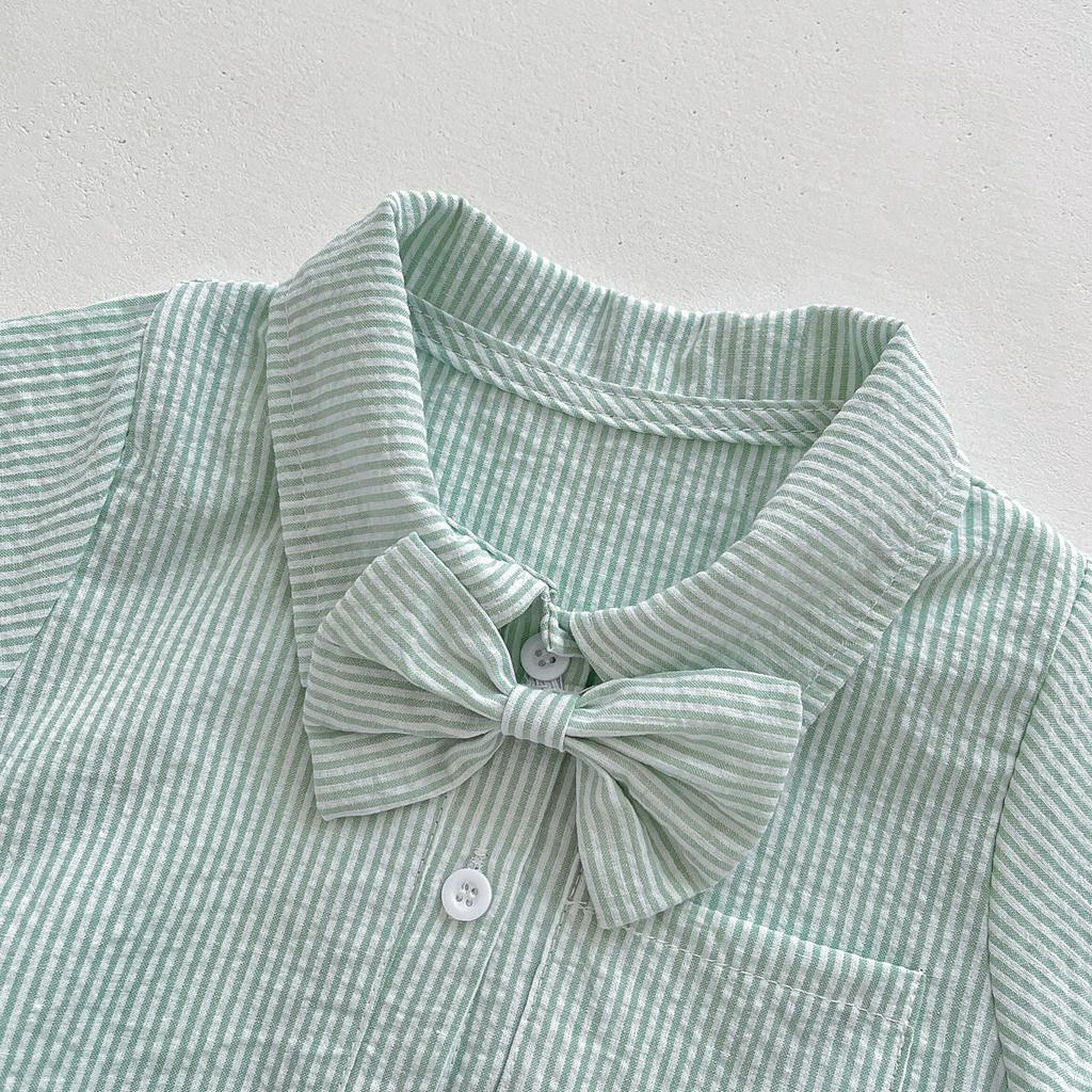 Bộ Áo Liền Quần Ngắn Tay Họa Tiết Kẻ Sọc Phong Cách Hàn Quốc Thời Trang Mùa Hè Cho Bé Trai