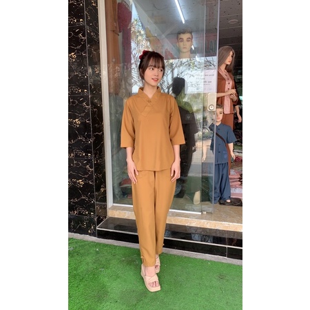 set đồ lam đi chùa đơn giản cho nữ bigsize, thời trang nữ  áo lam một nút
