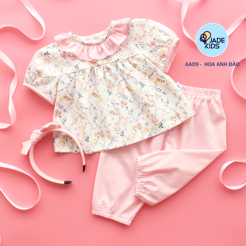 Đồ bộ bé gái, Bộ cộc tay quần dài cho bé gái áo hoa họa tiết xinh quần dài tặng kèm bờm cho bé từ 7kg tới 17kg