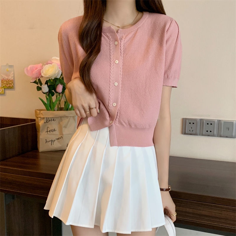 Áo Len Tay Ngắn Cổ Tròn Phong Cách Hàn Quốc Mới Cho Nữ