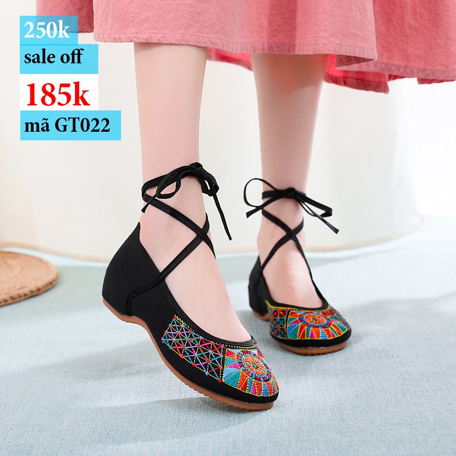 Giày thêu thổ cẩm cột dây đế thấp GT022