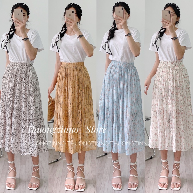 Chân váy hoa xếp li nhỏ Chân váy hoa nhí vintage dáng dài hàng Quảng Châu