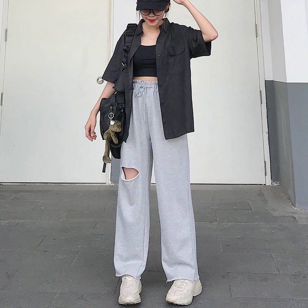 Quần Ống Rộng Nữ Rách Gối IRU LAI TƯA Unisex Thun - Kiểu quần ống rộng cạp cao nữ Leevin Store | BigBuy360 - bigbuy360.vn