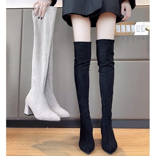 [Có Sẵn] Bốt đùi nữ da lộn lót lông gót vuông cao 7cm chống tụt có khoá kéo