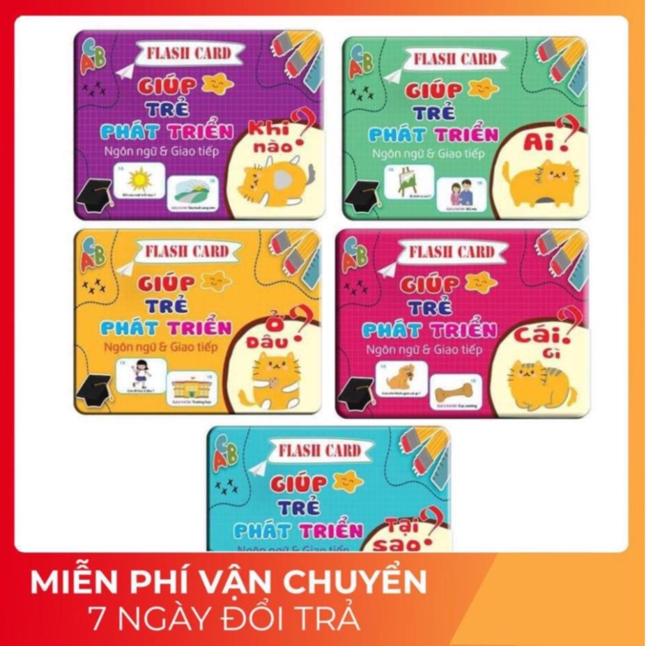 Combo 1 bộ 5 chủ đề Thẻ học Phát triển Ngôn ngữ Giao tiếp, tư duy qua 5 dạng câu hỏi