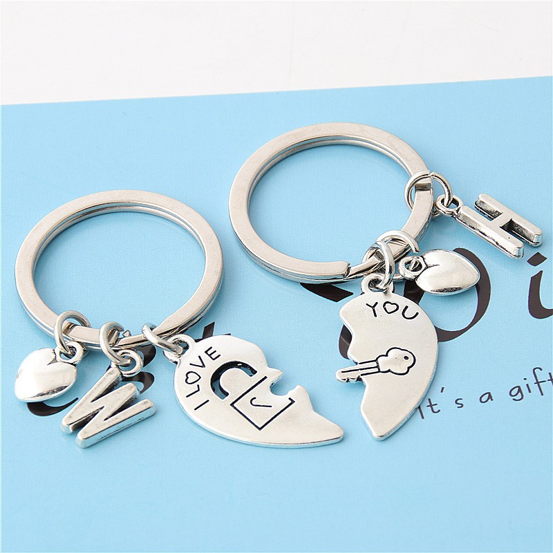 Set 2 móc khóa hình trái tim ổ khóa và chìa với thời trang chữ quà tặng dành cho đám cưới cặp đôi dịp Valentine E2248