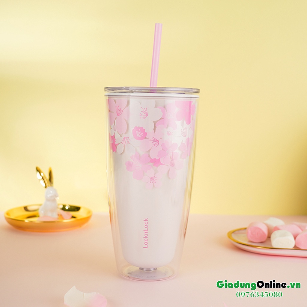 [Lock&amp;Lock] Ly Nhựa 2 lớp LocknLock Cherry Blossom Kèm Ống Hút HAP509 750ml - Larva Store