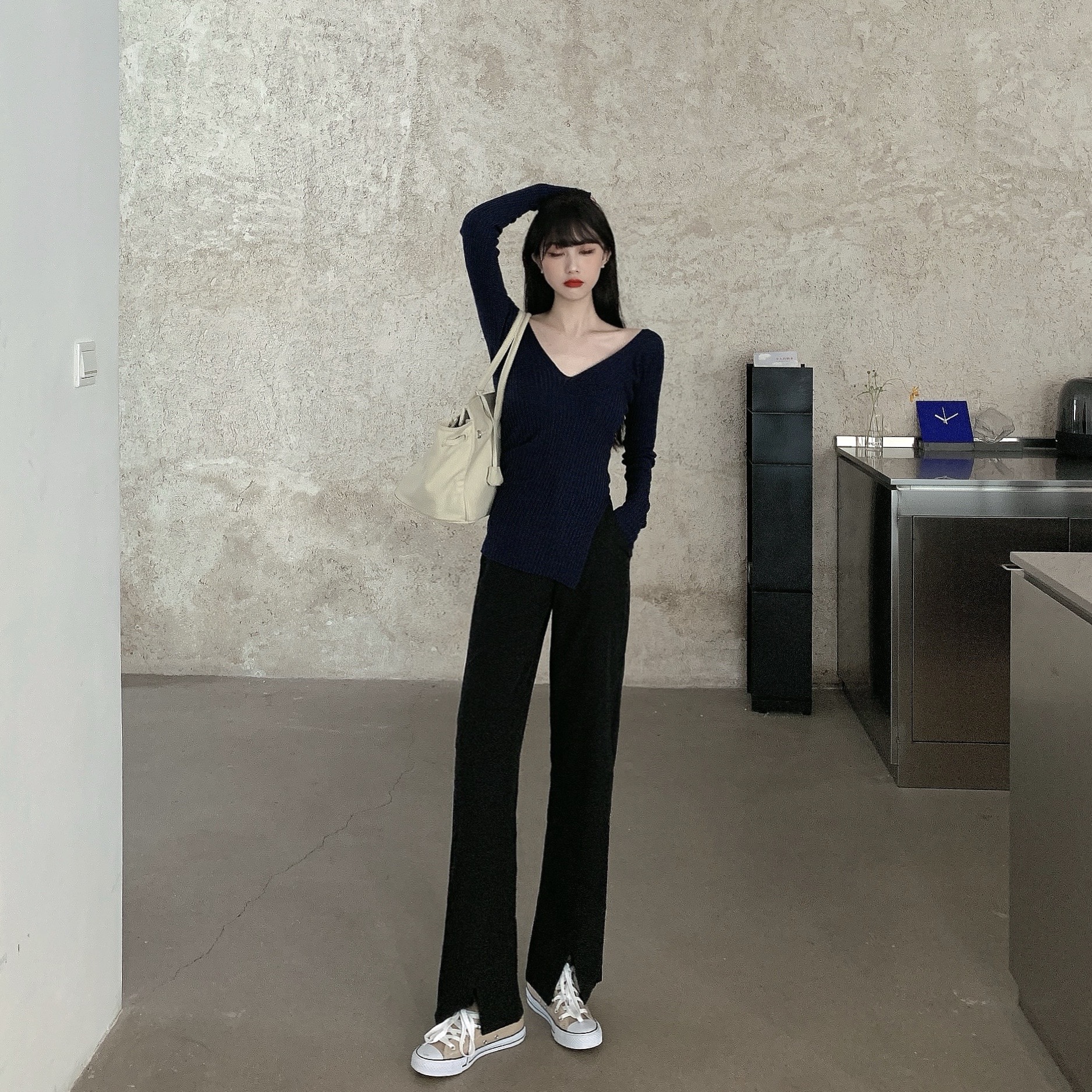 Quần Xiaozhainv thiết kế ống rộng xẻ tà phong cách Hàn Quốc trẻ trung cho nữ | BigBuy360 - bigbuy360.vn