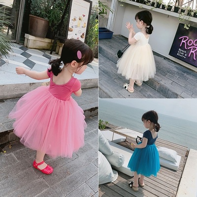 Đầm bé gái tay ngắn phối lưới phong cách Hàn Quốc xinh xắn