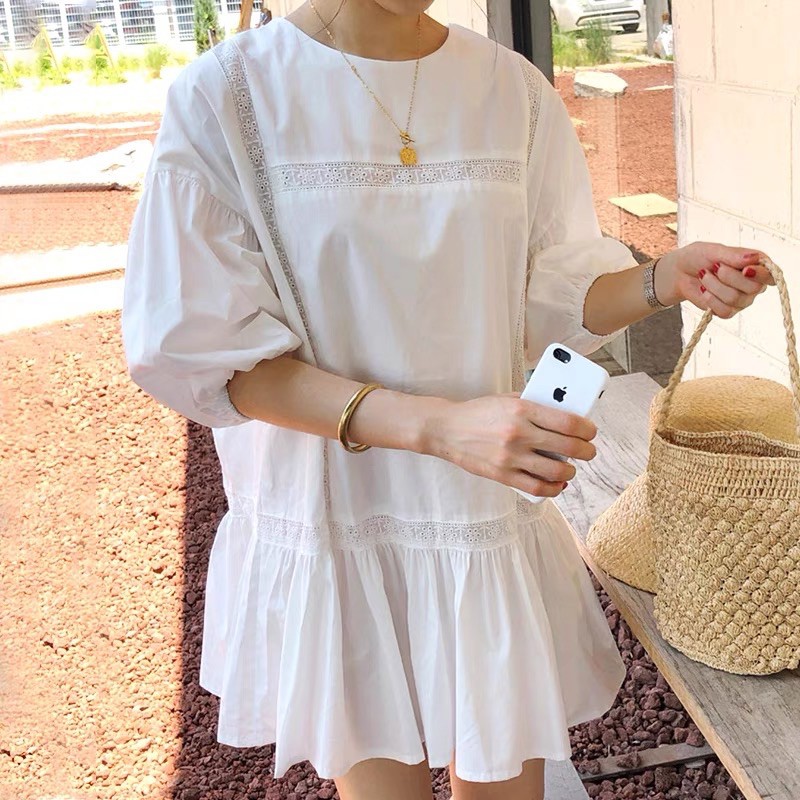 VÁY BABYDOLL TAY PHỒNG PHỐI REN KOREA STYLE - ORDER (ảnh thật)