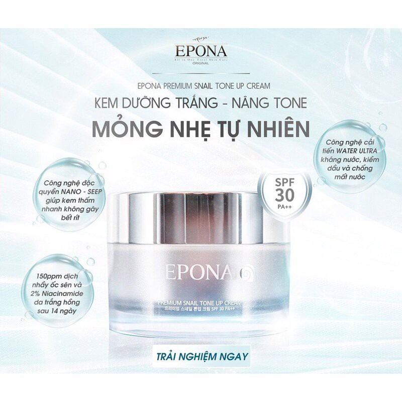 Kem Dưỡng Epona Sáng Da, Nâng Tông Chiết Xuất Ốc Sên Premium Snail Tone Up Cream SPF 30/ PA++ 50ml