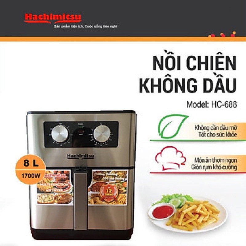 Nồi chiên không dầu 8L- Điều khiển cơ-Hachimitsu HC668- hàng chính hãng