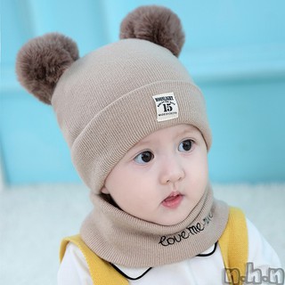 Mũ len quả bông liền khăn quàng cổ cho bé yêu
