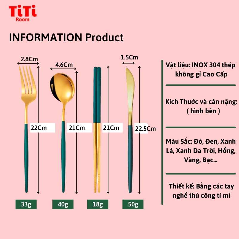 Bộ muỗng đũa nĩa thìa inox 304 mạ vàng sang chảnh cao cấp Dụng cụ cá nhân ăn cơm văn phòng dã ngoại titiroom