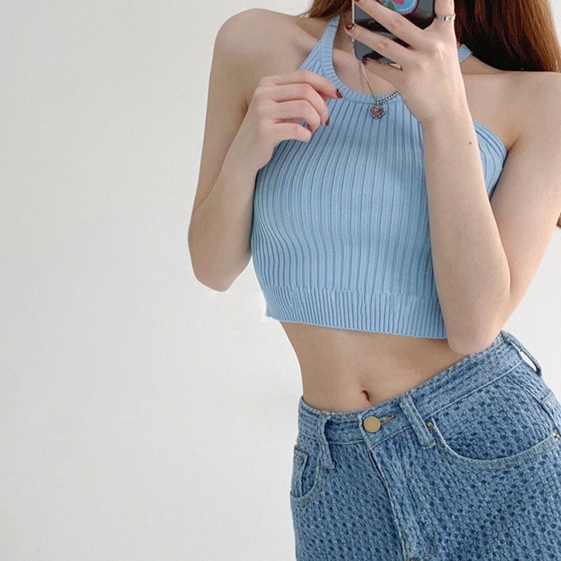 Áo len YEYA không tay cổ yếm màu trơn phong cách vintage dành cho nữ