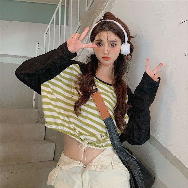 Áo Thun Ngắn Họa Tiết Kẻ Sọc Dễ Thương Phong Cách Hàn Quốc Thời Trang Cho Nữ