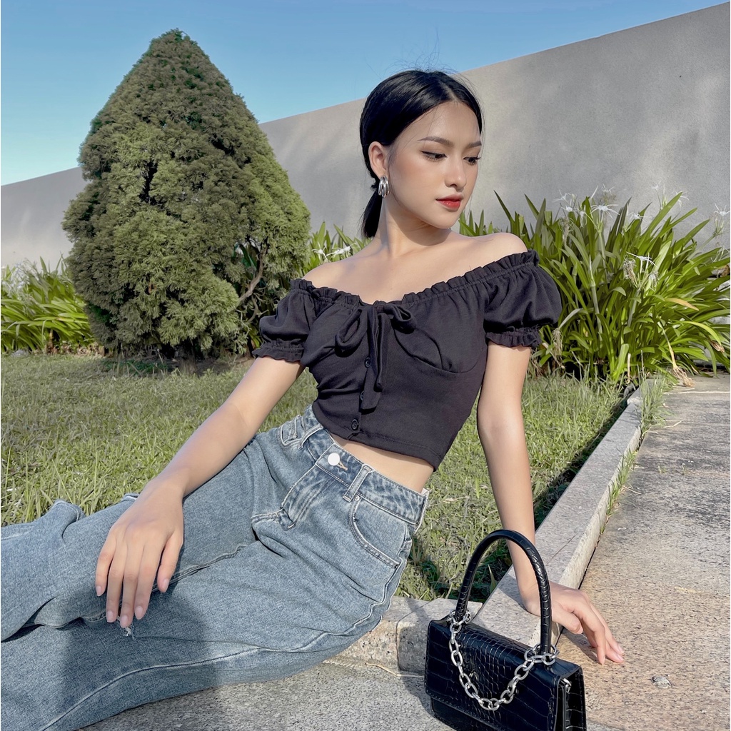 Áo croptop nữ body trễ vai TOPTIFY tay bèo phối nơ ngực Off Shoulder Top AC185