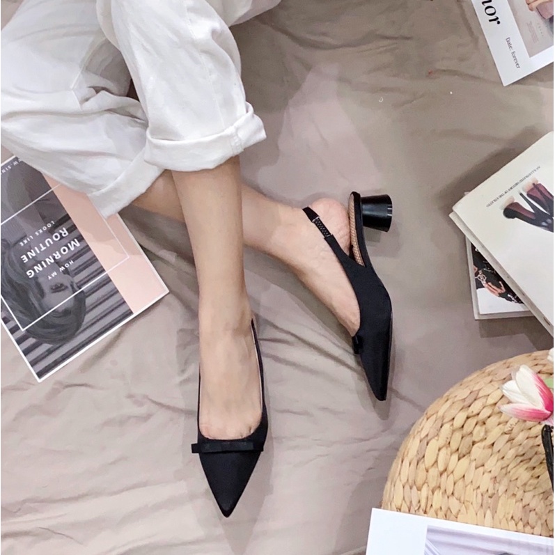 Giày nữ Slingback cao gót mũi nhọn phối nơ nhiều màu size 35 đến size 42 cho nàng ngoại cỡ - Toffly Shoes