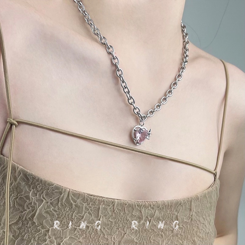 Vòng cổ IF ME mặt trái tim đính đá zircon màu hồng ngọt ngào cho nữ