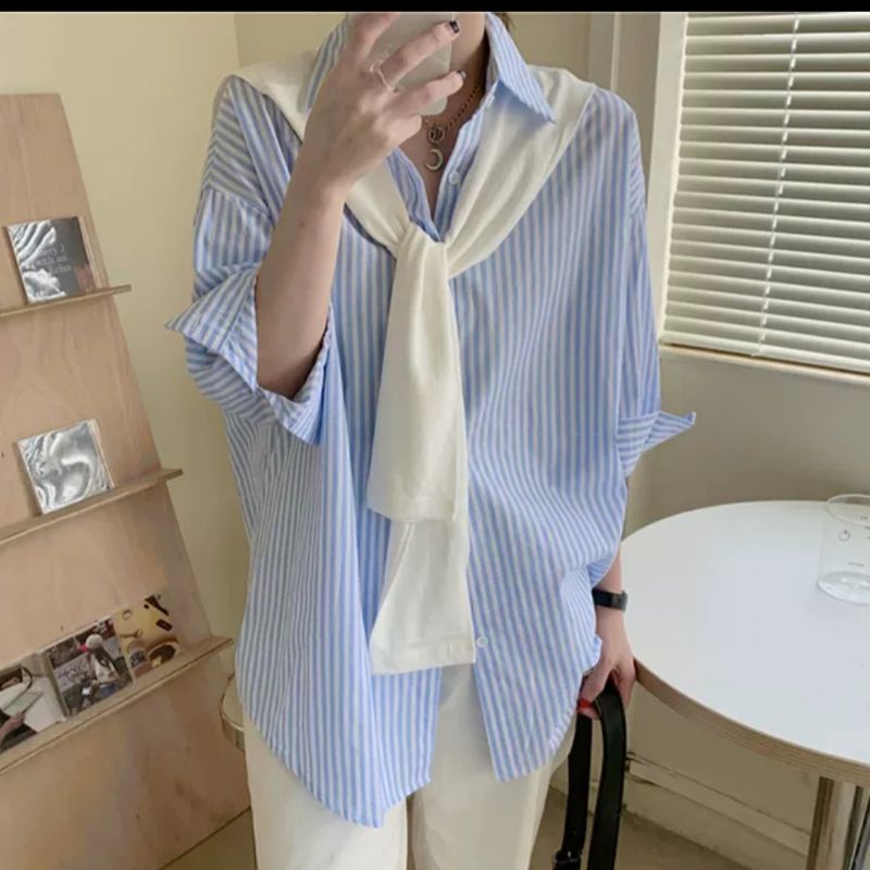 Áo sơ mi kẻ sọc kèm khăn quàng phong cách hàn quốc dáng tay lỡ