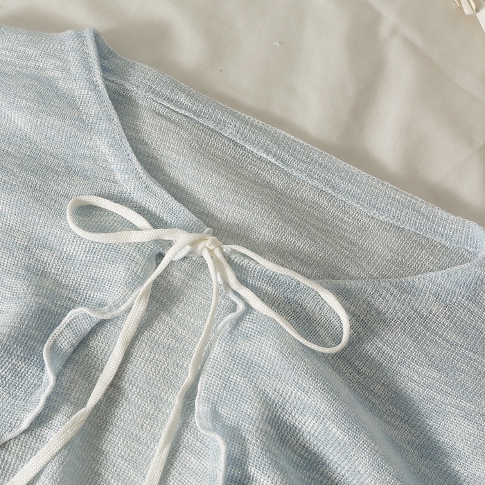NUZIRO  Áo cardigan  mỏng che nắng dáng ngắn cổ thắt nơ phong cách Pháp màu sắc xuyên thấu thời trang cho nữ