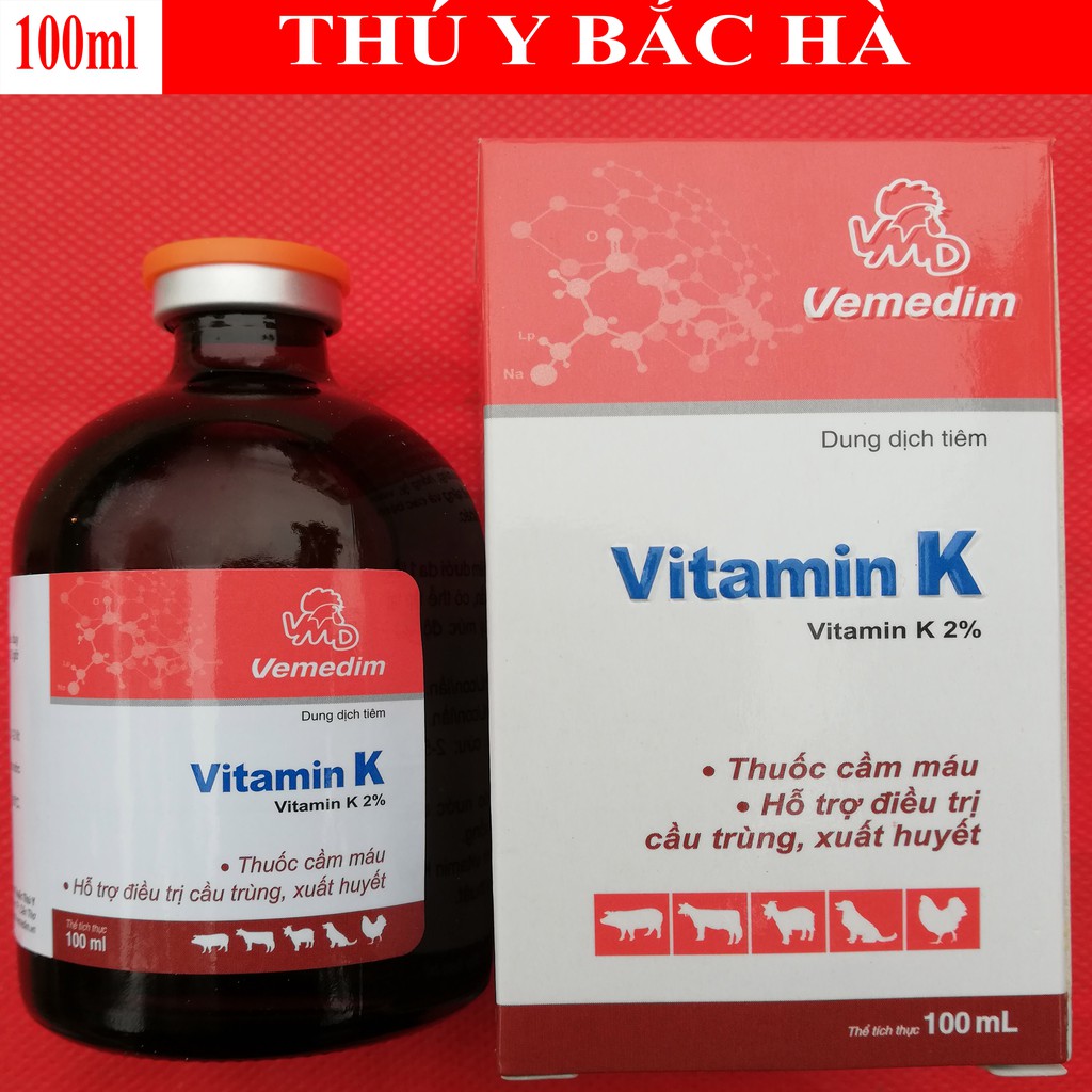 1 lọ Vitamin K 100ml Giúp cầm máu, hạn chế mất máu trong phẫu thuật ở gia súc, gia cầm, chó mèo