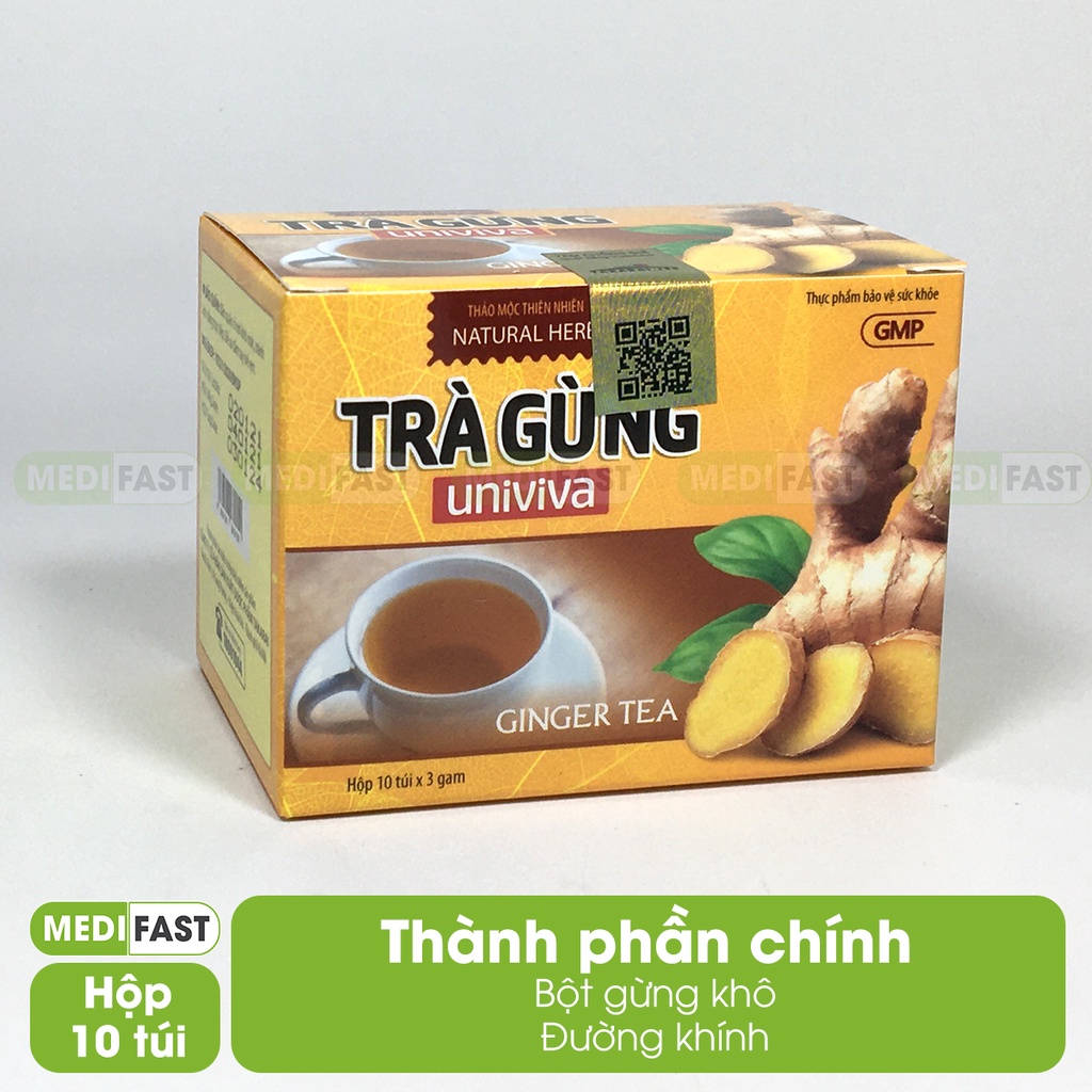 Trà gừng dạng bột Univiva hộp 10 túi giải cảm lạnh, tăng huyết áp, giải rượu nôn mửa khi say xỉn