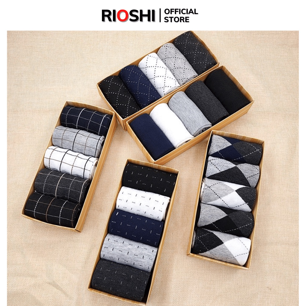 Tất nam công sở cao cổ 5 đôi kháng khuẩn cao cấp đóng hộp 5 màu Rioshi TN02 Tất vớ nam cổ trung hộp quà tặng bạn trai