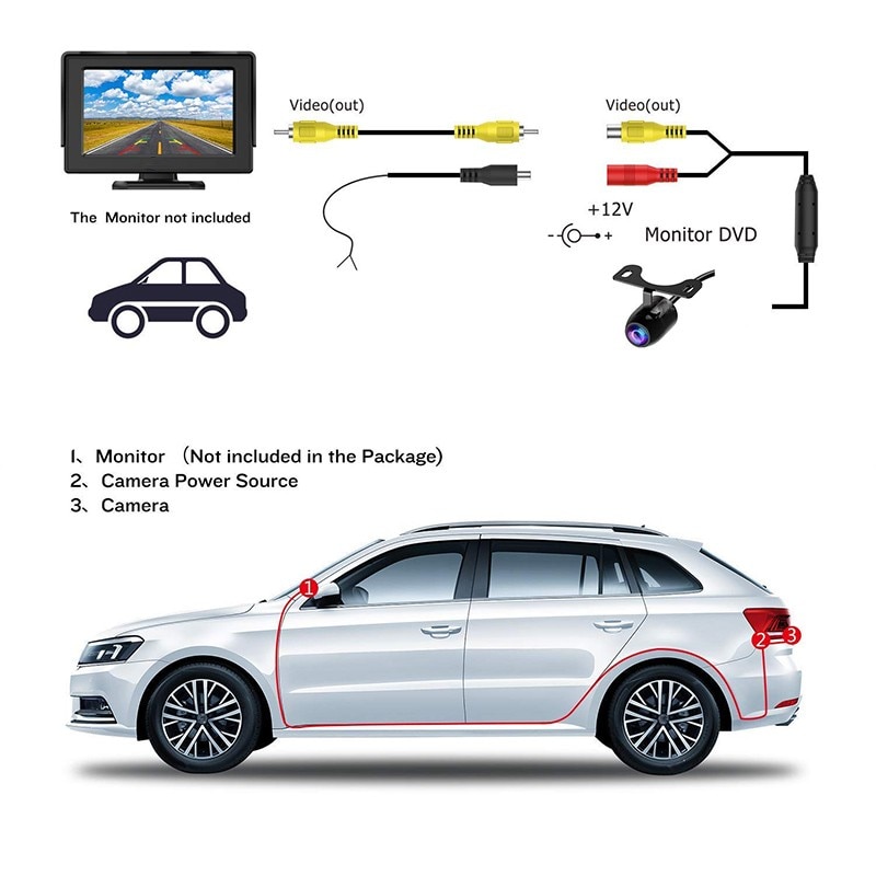 High-definition night vision car rear view camera 170° wide-angle reversing camera waterproof CCD LED automatic reversing monitor universal