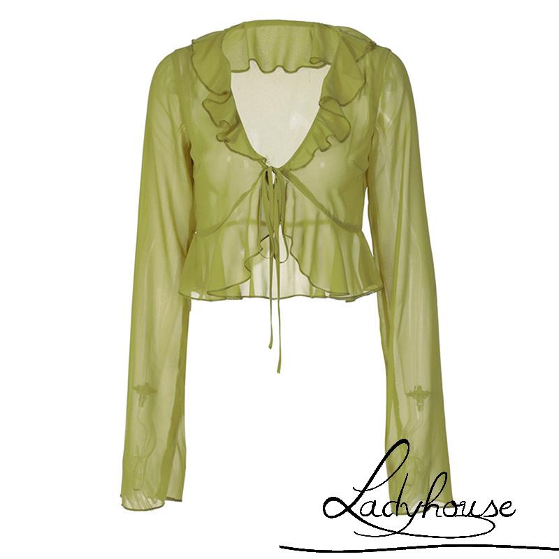 LDD-Women Sheer Crop Tops, Long Flared Sleeve Deep V Neck Pleated Hem Tops for Summer Pub, Women Clothing