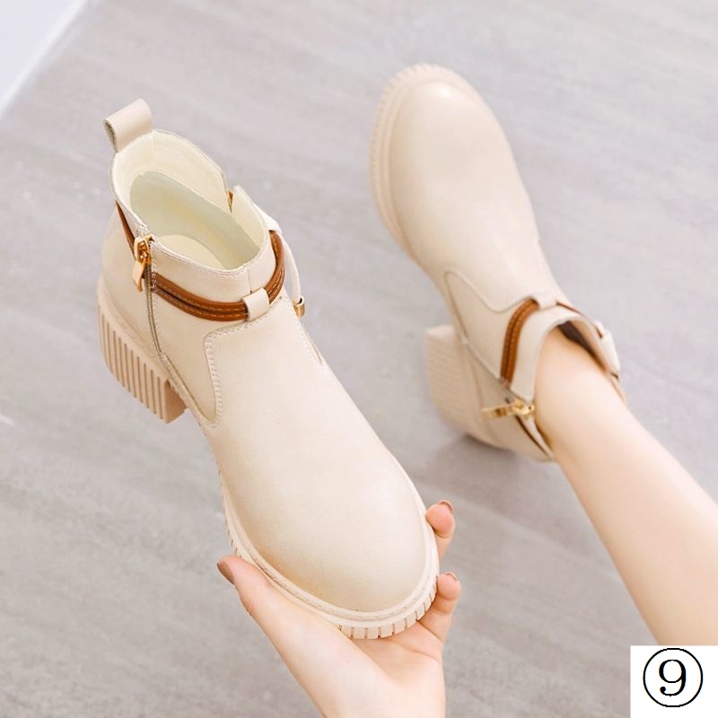 Giày Bốt Martin Da Mềm Phối Nhung Gót Dày Thời Trang Thu Đông 2021 Cho Nữ