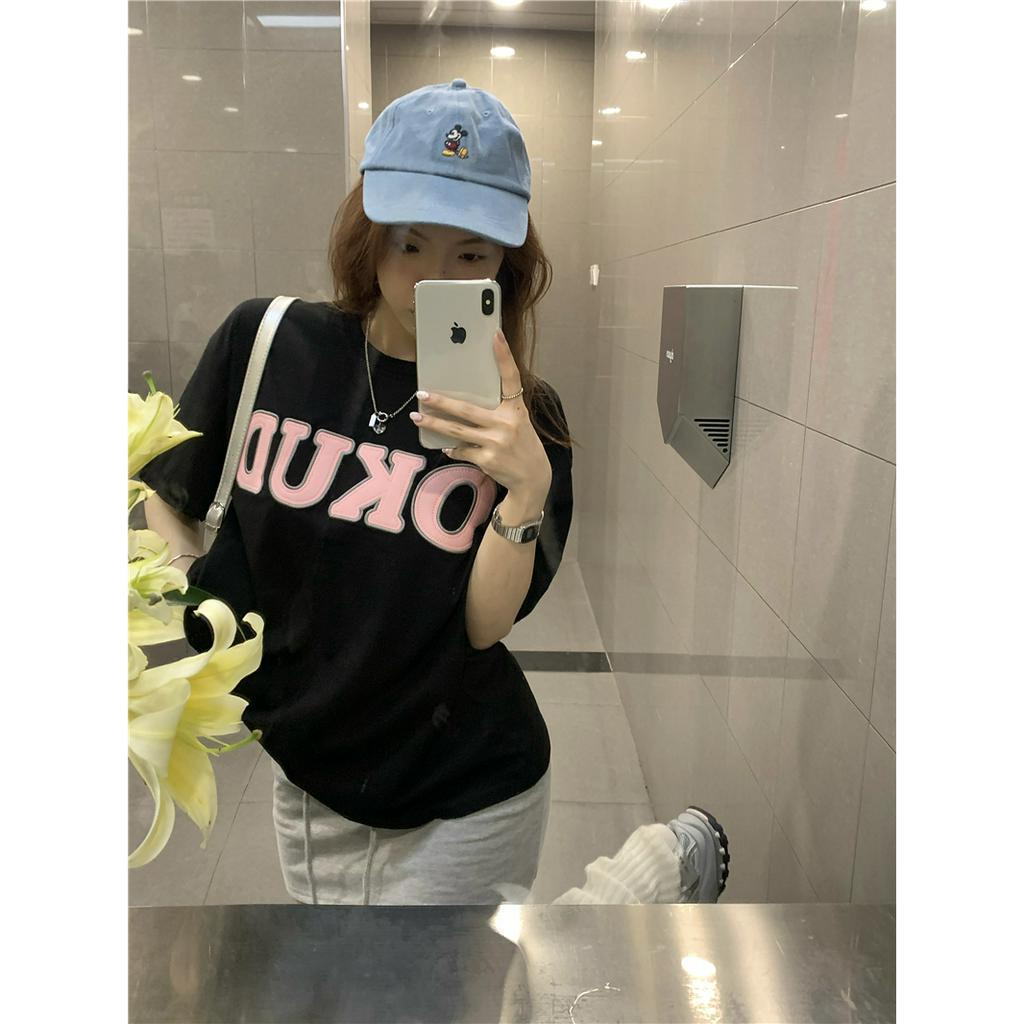 「 WELOVE1 」Áo Thun Nữ Ngắn Tay Cổ Tròn Thêu Chữ Nhiều Màu Sắc Phong Cách Hàn Quốc