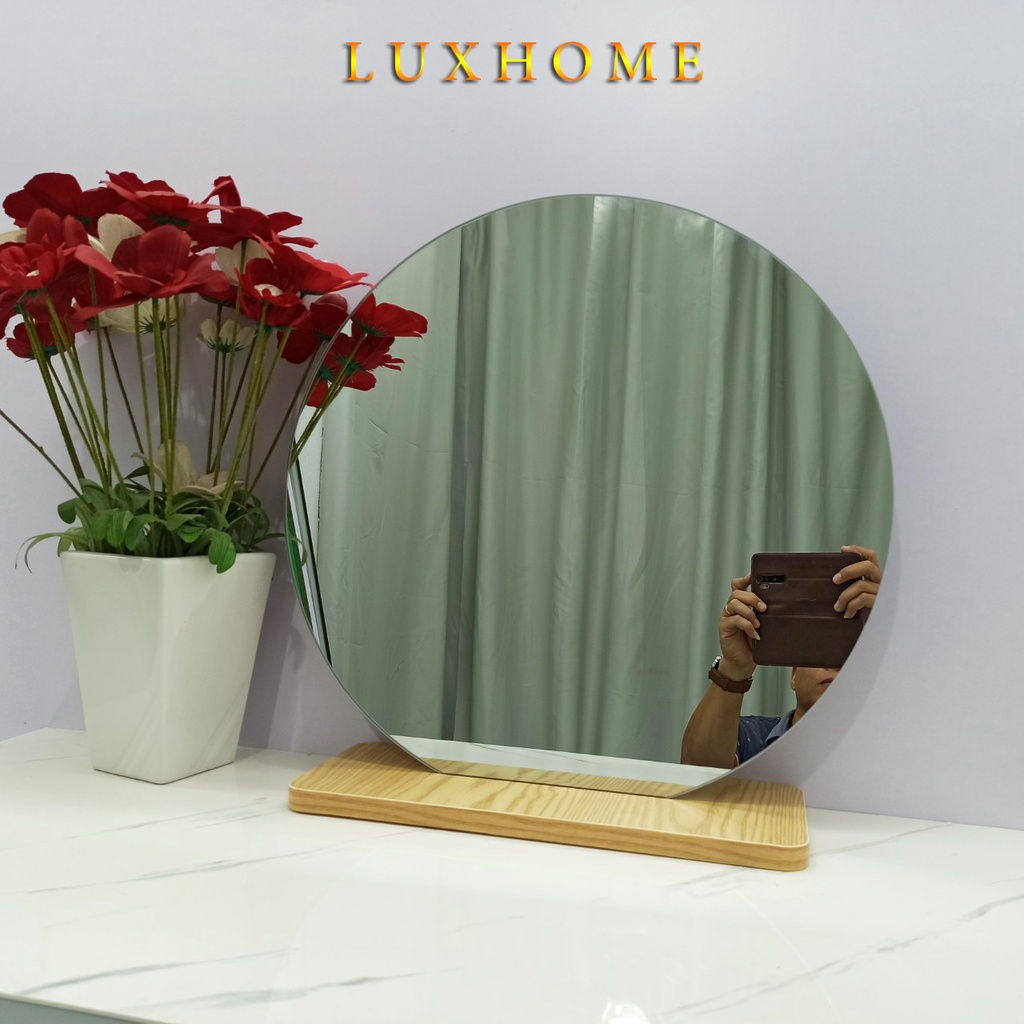 Gương Để Bàn LED Cảm Ứng Chân Gỗ 50 cm x 50 cm LUXHOME, Gương Soi Nịnh nét, Gương decor sang chảnh