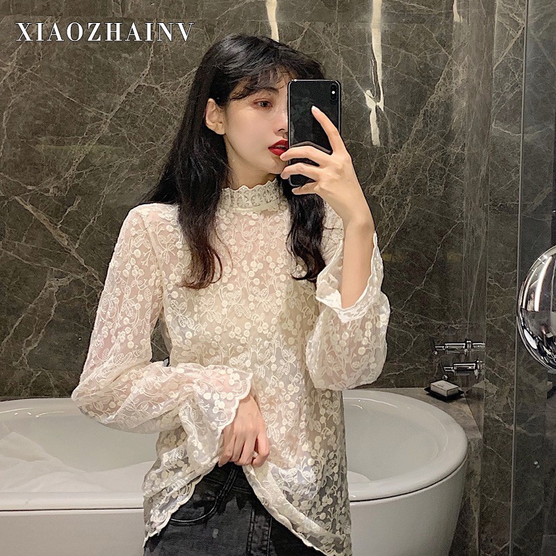 Xiaozhainv Áo kiểu tay dài cổ lọ phối ren hoa thời trang cho nữ | BigBuy360 - bigbuy360.vn