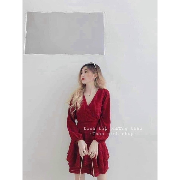 Jumpsuits đỏ dài tay vải cotton xước có dây buộc nơ eo