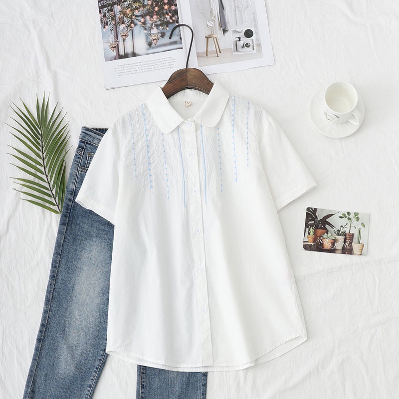 Áo Sơ Mi Trắng Tay Dài Chất Cotton Hoạ Tiết Thêu Thiết Kế Thanh Lịch