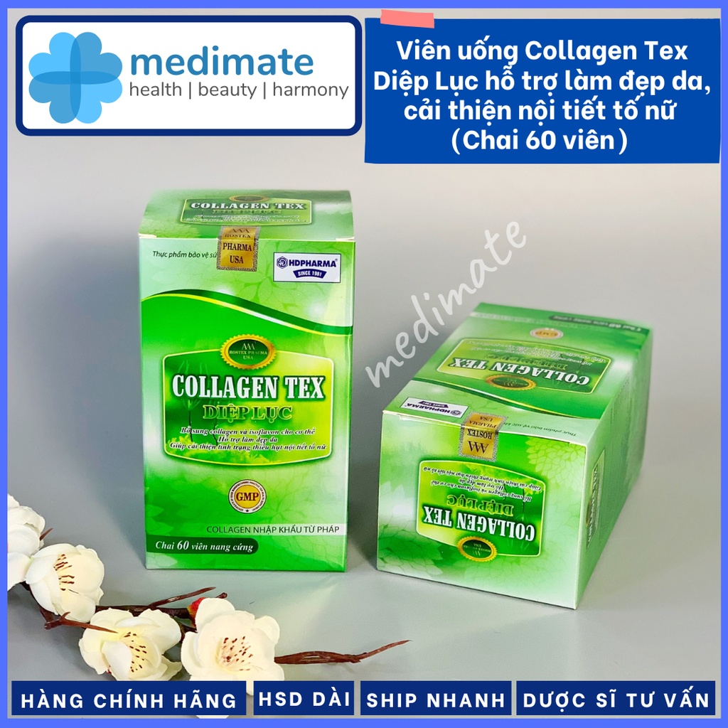 Viên uống Collagen TEX Diệp lục giúp làm đẹp da, làm chậm lão hóa, cải thiện nội tiết tố nữ (Chai 60 viên)