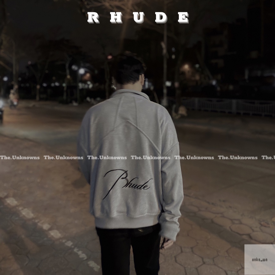 ⚡️[Best Quality] - Áo Rhude Logo Embroidered Half-Zip Sweater Grey,Áo sweater Rhude cao cấp full túi tag
