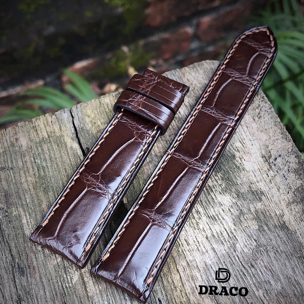 Dây da đồng hồ Draco DDDH01 màu nâu size 20 - 22  chất liệu da bò thật cao cấp dập vân cá sấu