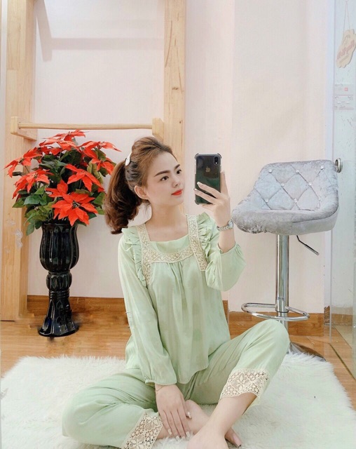 Bộ Ngủ Dài Tay - Bộ Mặc Nhà Dài Tay Lụa Gấm Phối Ren Siêu Xinh Mềm Mịn