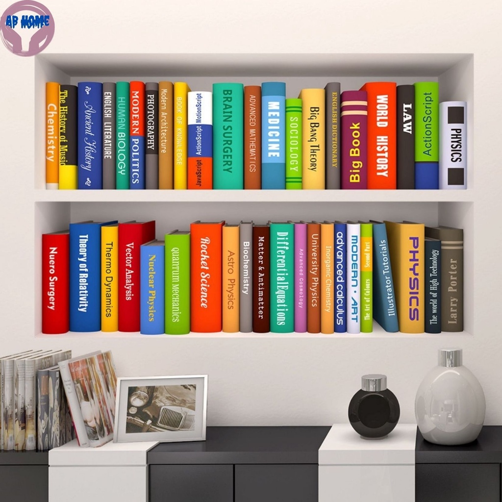 Decal giá sách giả 3D tranh trang trí nhà thư viện phòng học decor chụp ảnh