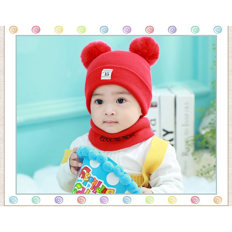 Mũ len kèm khăn ống 2 cục bông HÀNG THÊU LOẠI 1 cho bé giữ ấm mùa đông noel