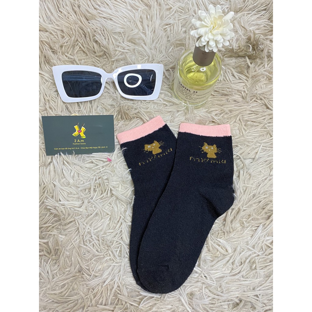 Tất Vớ Cổ Cao Nam Nữ Tone Trắng Họa Mèo Xinh Xinh Thời Trang Unisex Hàn Quốc