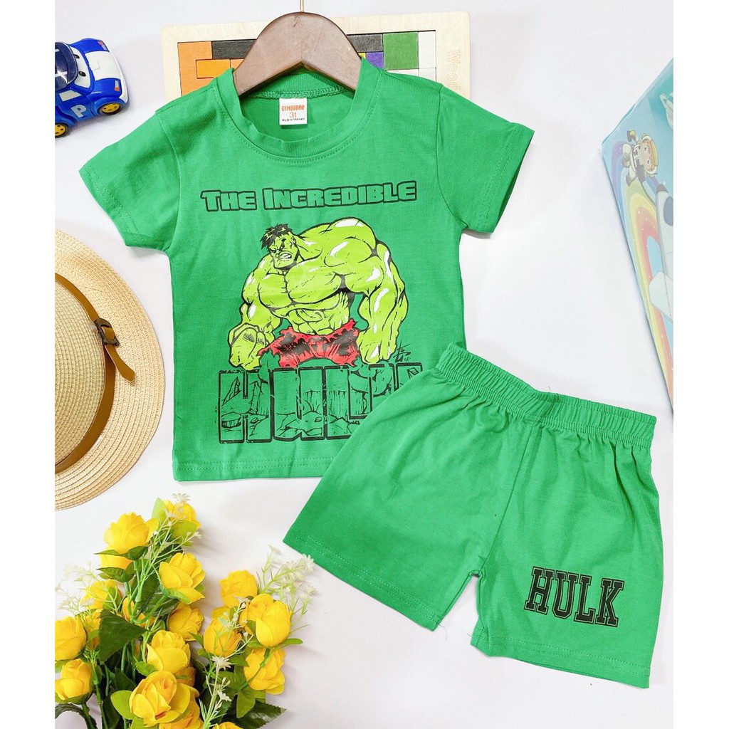 Bộ cộc tay cotton in hình siêu anh hùng cho bé trai 8kg đến 22kg