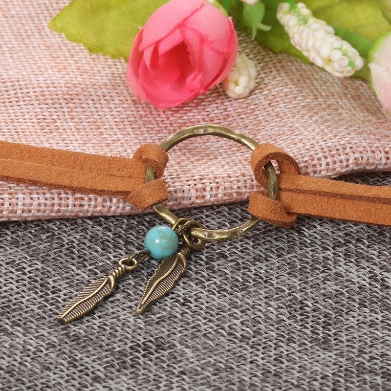 Vòng cổ Da Nâu Đính Hạt Hợp Kim Lông Vũ Phong Cách Bohemian Cổ Điển Thời Trang Cho Nữ