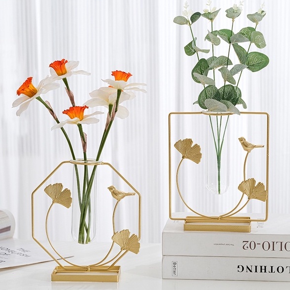 Lọ hoa nghệ thuật điểm xuyết lá và chim, trồng cây thủy sinh, mạ vàng sang trọng, decor phòng khách, phòng ngủ