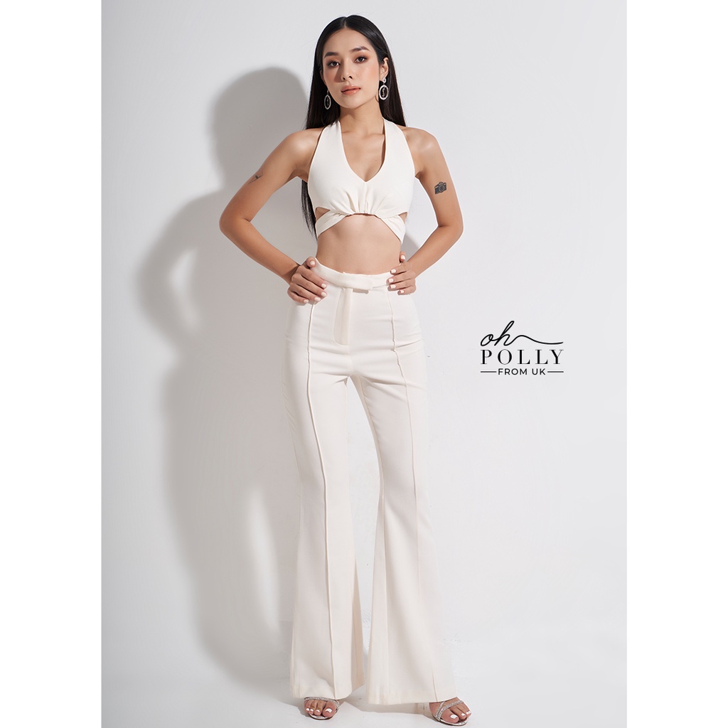 Oh Polly - Set áo croptop, áo cổ yếm nữ và quần dài nữ ống loe xẻ tà
