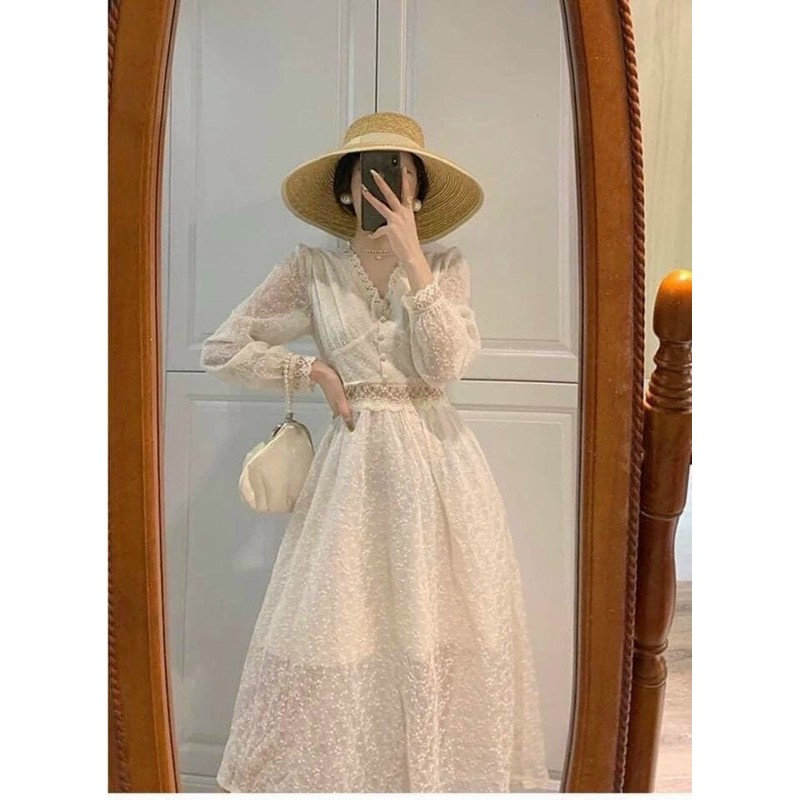 Đầm maxi nude phối lưới viền ren