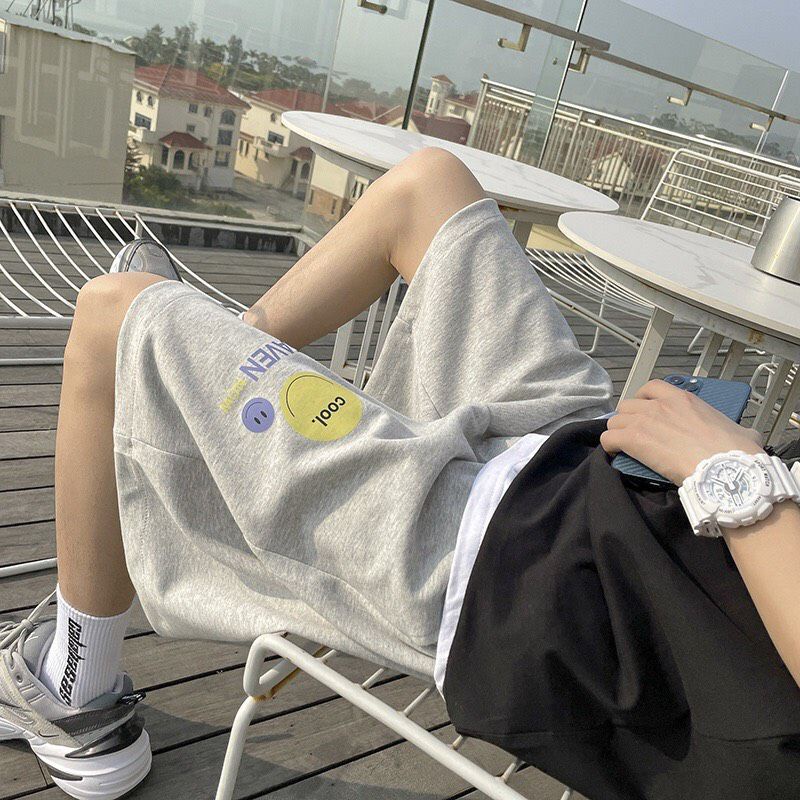Quần short nam, nữ.quần đùi lửng chất cotton in mặt cười